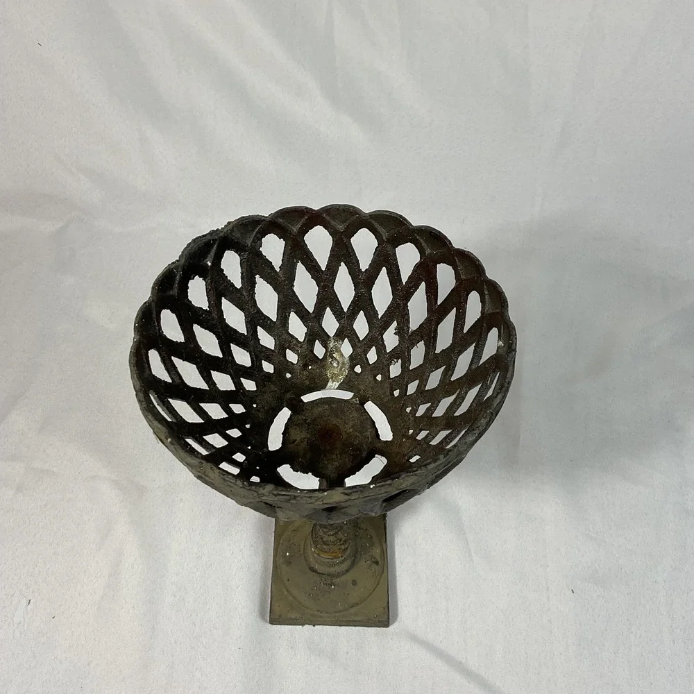 Wrought Iron Pedestal Bowl Lattice Compote with Scalloped Rim Distressed Country